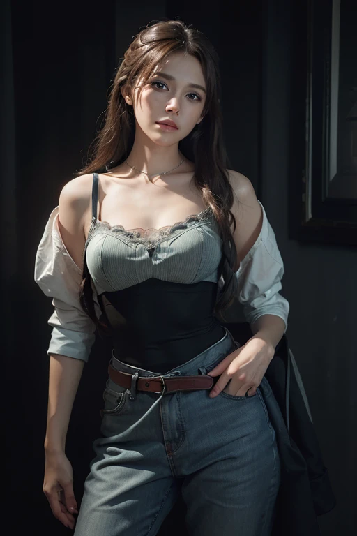 (front focus), (in the dark:1.6), Hyperrealist portrait of female by david hockney and alphonse mucha, fantasy art, photo realistic, dynamic lighting, artstation, poster, volumetric lighting, very detailed faces, 4 k, award winning, 1girl, in the dark, deep shadow, low key, cowboy shot, (official clothing:1.4), long hair, white hair