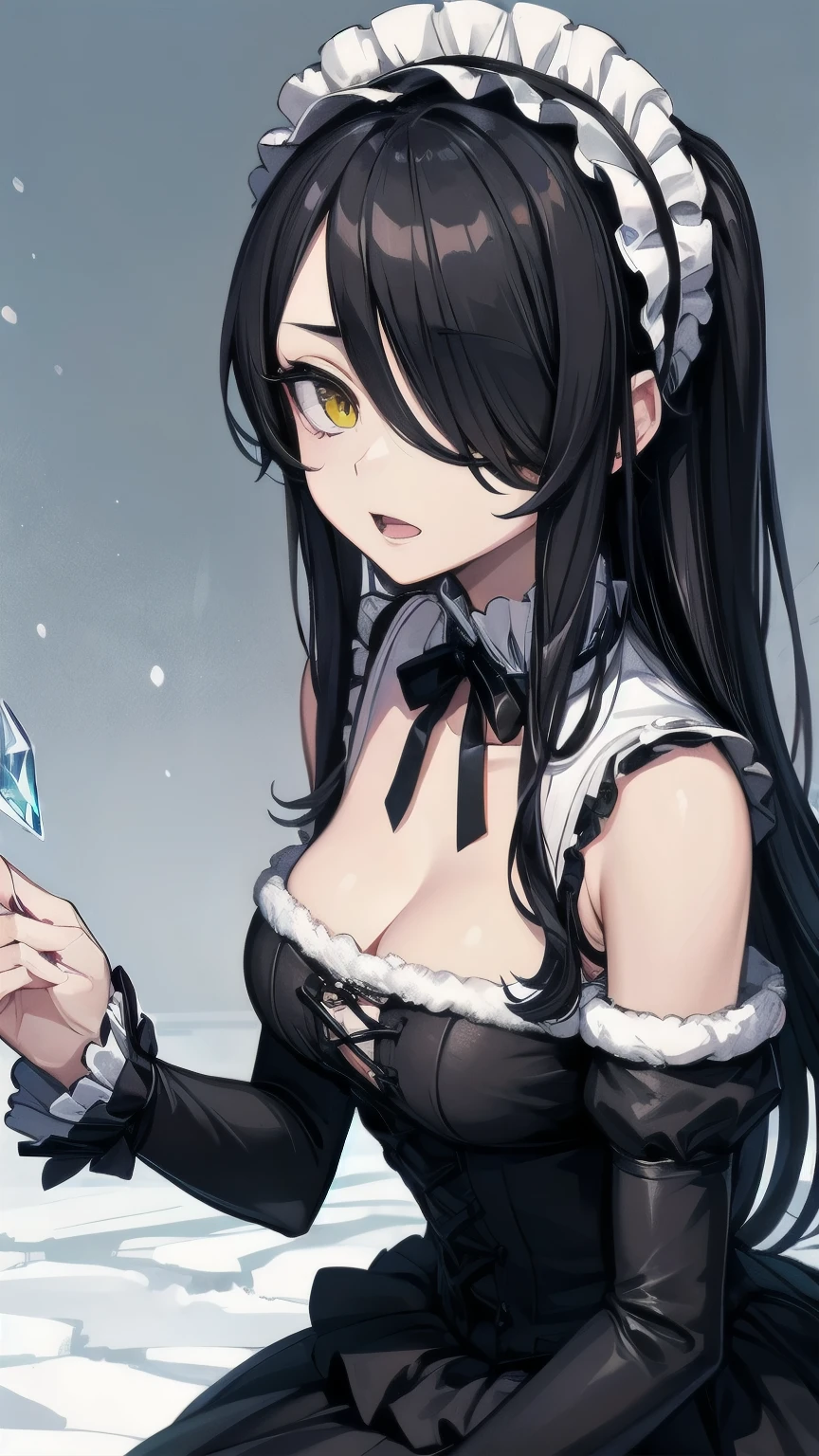 (masterpiece), best quality, expressive eye, perfect face, mature female, medium breasts, cleavage, long hair, (hair over one eye), very long hair, straight hair, black hair BREAK yellow eye BREAK abstract background, blue background, (snow, ice, crystal), standing, gothic Lolita, Lolita fashion, open mouth, emotionless eyes, looking at viewer 
