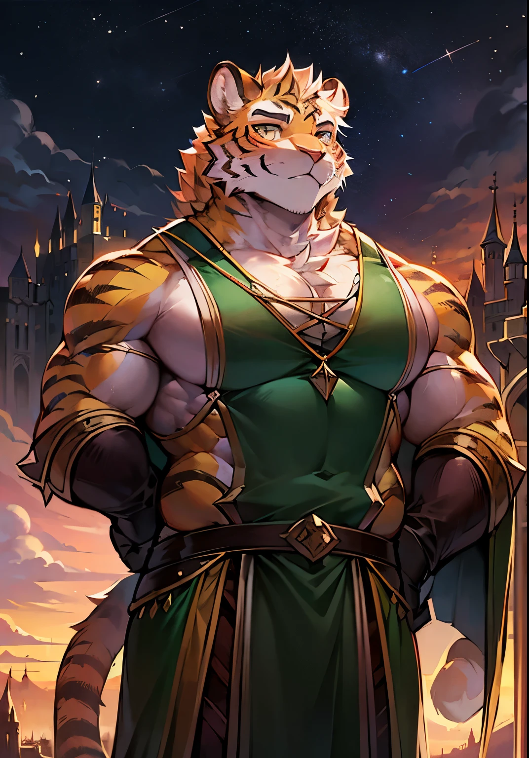 solo male, muscular body, bulging pecs, saggy pecs, round pecs, tiger knight, standing under the stars, fantasy background with castle in the distance, facing viewer, head tilted to the side, beautiful sunset sky, wearing tunic, tiger furry character