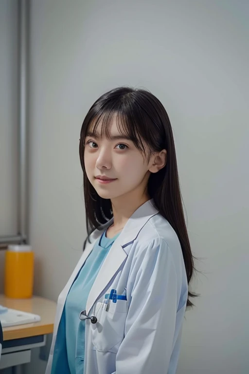 (RAW Photos, highest quality),masterpiece, Natural light, 1 girl, Smooth Hair、wear a lab coat over a scrub, Hospital examination room, Stethoscope,head shot
