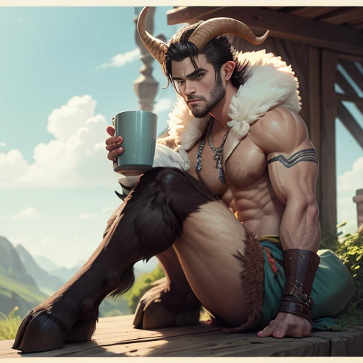 male, bara, fur legs, fur, fur pants, goatlike legs, goatlike, satyr, horns