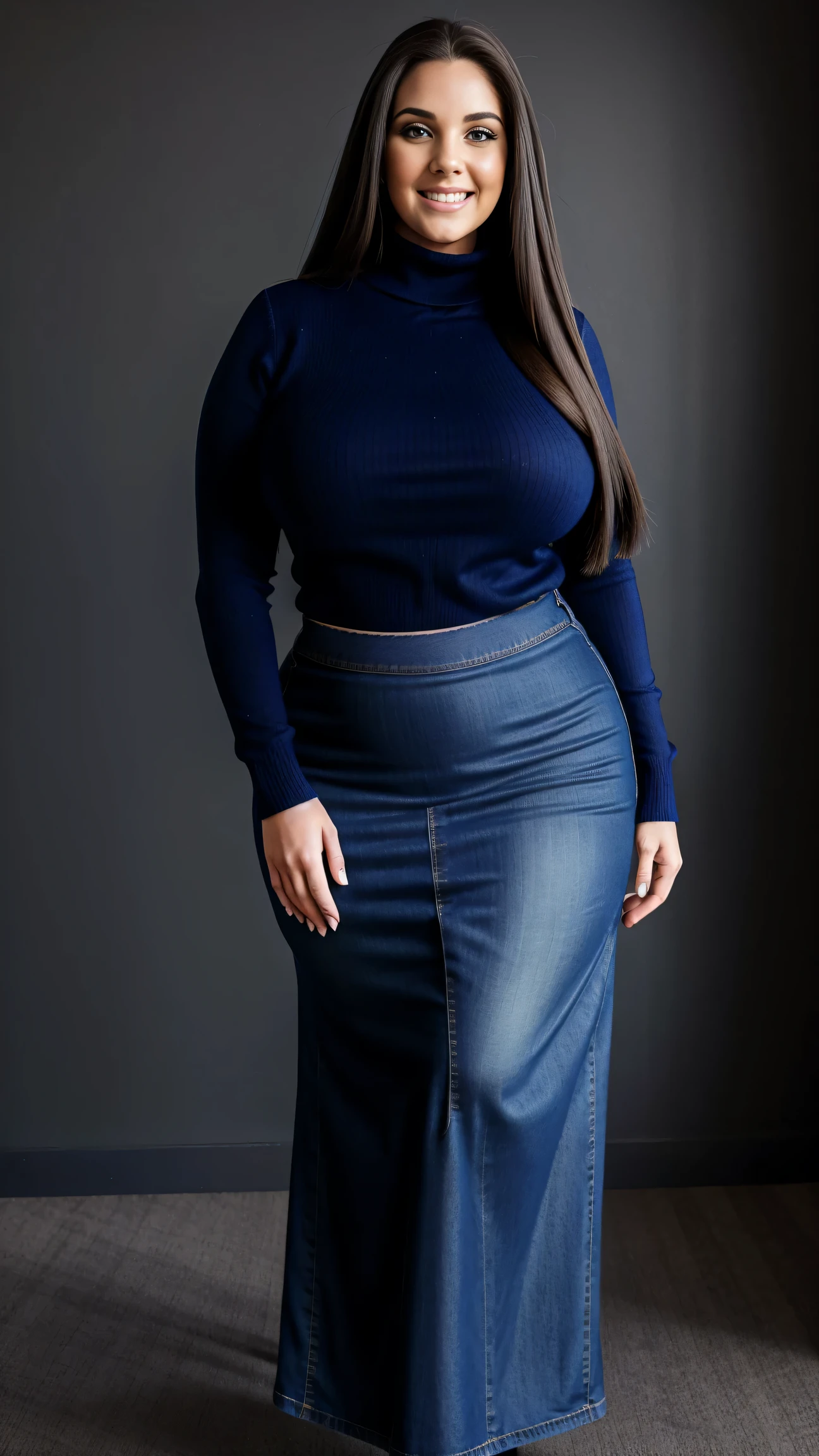 Full body shot of 1 beautiful woman, adult, large body, voluptuous woman, (very long straight hair),( brunette hair), outlined eyelids, made-up eyelids, turtleneck sweater, scarf, neckline, (blue mini denim skirt), tempting , dreaming, curvy hourglass figure, oppai proportion, tight skirt , tall, tall, long legs