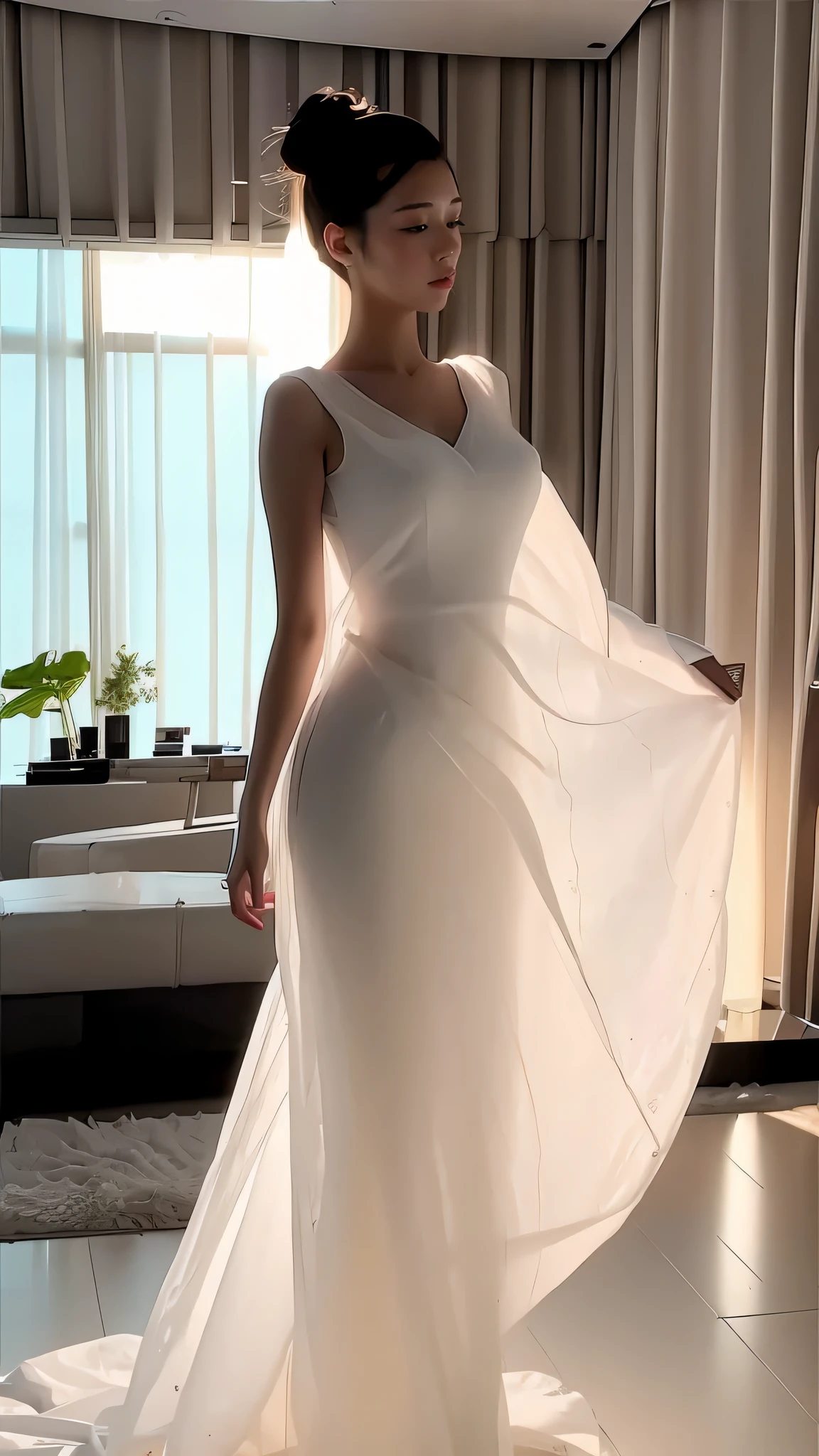 (masterpiece, best quality:1.2), 1girl, solo, delicate face, white-skinned female, see-through silhouette, white dress, full body, indoor