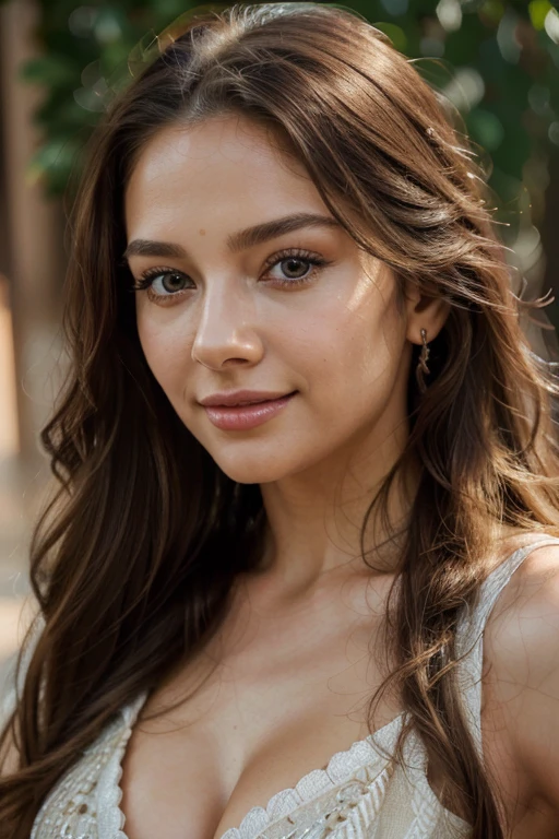 (best quality,4k,highres,ultra-detailed,masterpiece:1.2),realistic,portrait,beautiful detailed eyes,beautiful detailed lips,radiant skin,feminine,alluring,confident gaze,long flowing hair,fashionable attire,graceful pose,radiant smile,vibrant colors,subtle warm tones,soft natural lighting