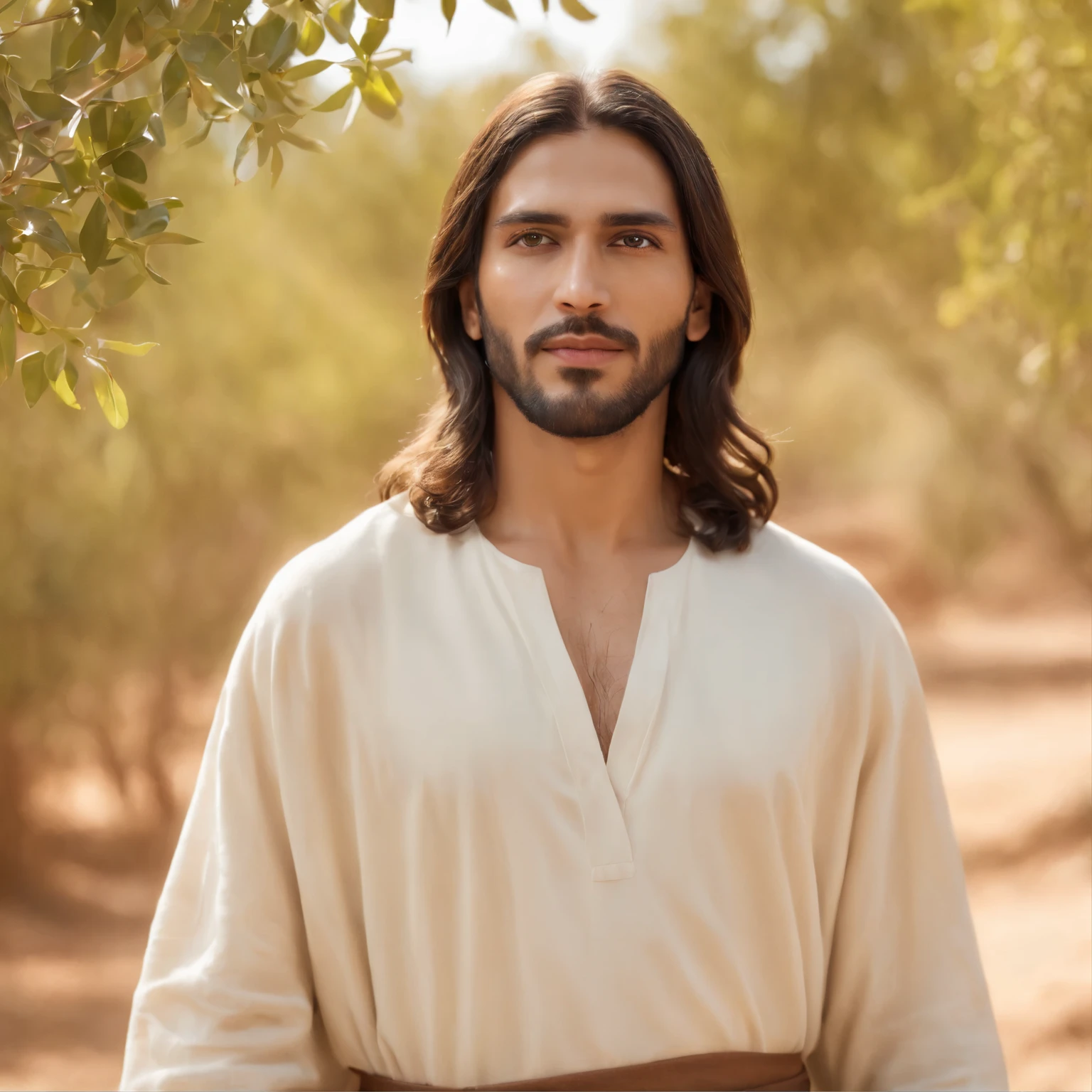 (best quality,4k,8k,highres,masterpiece:1.2),ultra-detailed,(realistic,photorealistic,photo-realistic:1.37),Arabian man resembling Jesus Christ,in simple Arabian attire,in an olive grove,with well-groomed hair,without head covering,wearing sandals,detailed facial features,expressive eyes,piercing gaze,graceful lips,warm and serene atmosphere,peaceful surroundings,sunlit landscape,soft golden sunlight,flickering shadows,sandalwood scent,gentle breeze,tranquil atmosphere,vivid colors,naturalistic lighting 