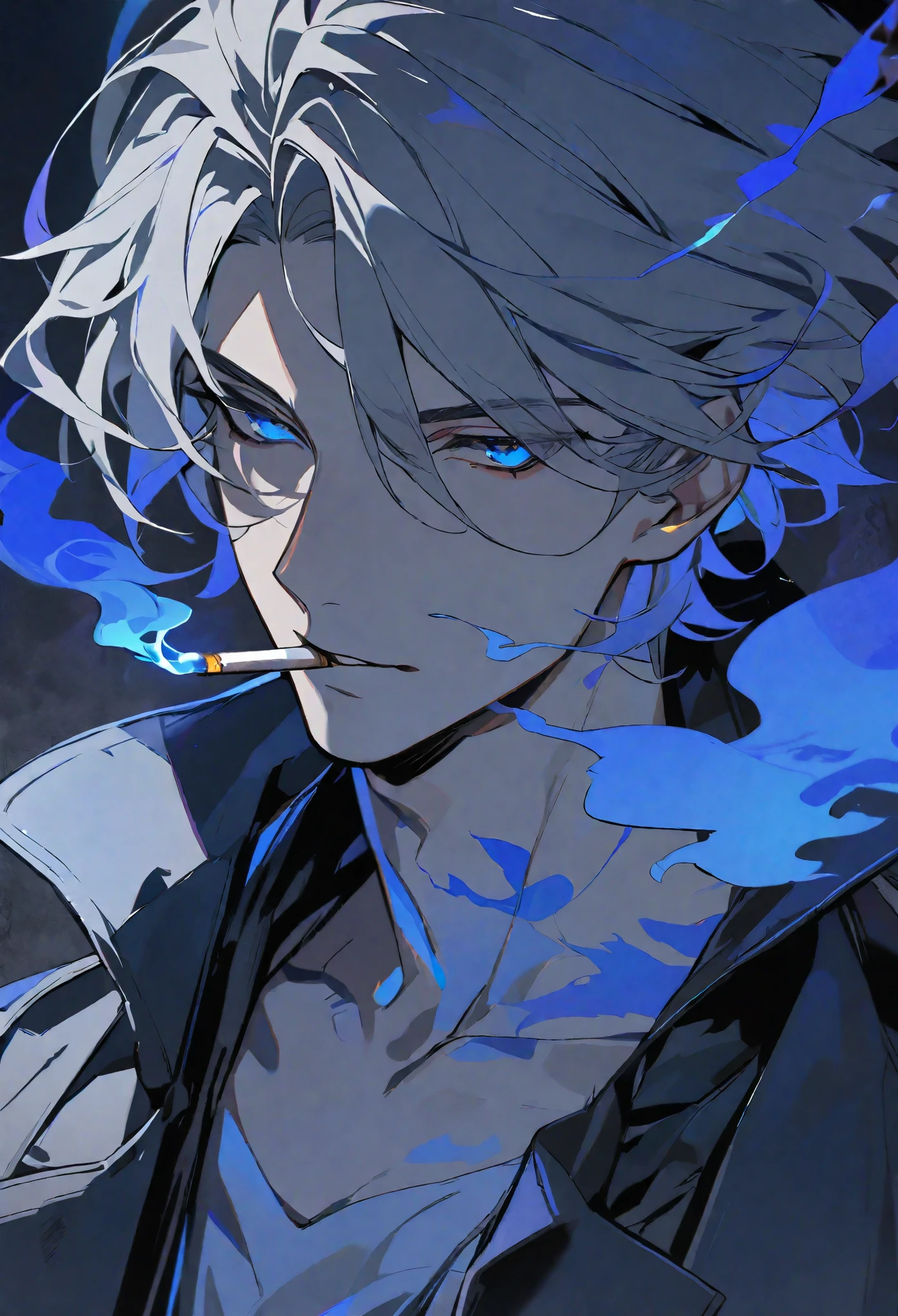 solo, handsome, 1 male, short hair, gray hair, blue eyes, black light, black coat, smoke, smoking, blue fire