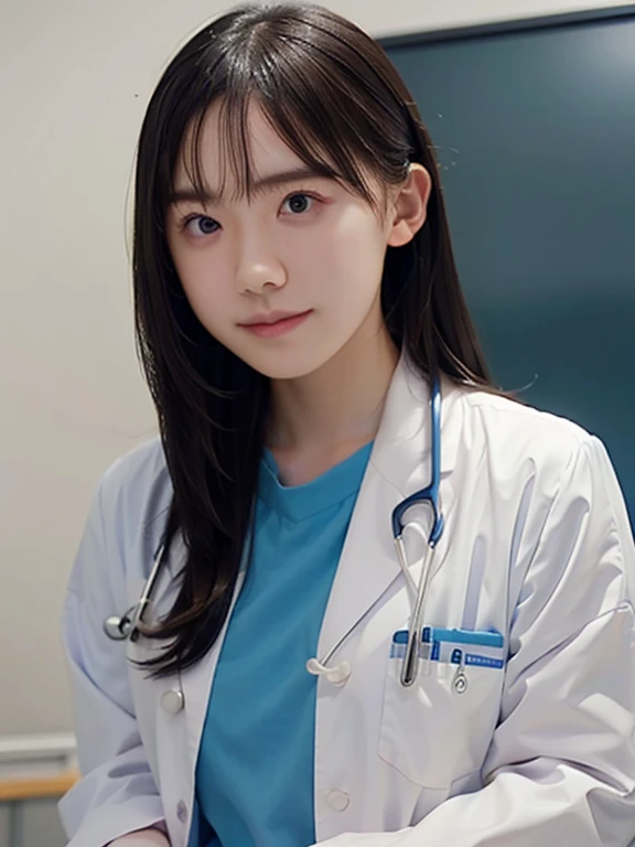 (RAW Photos, highest quality),masterpiece, Natural light, 1 girl, Smooth Hair、wear a lab coat over a scrub, Hospital examination room, Stethoscope,head shot