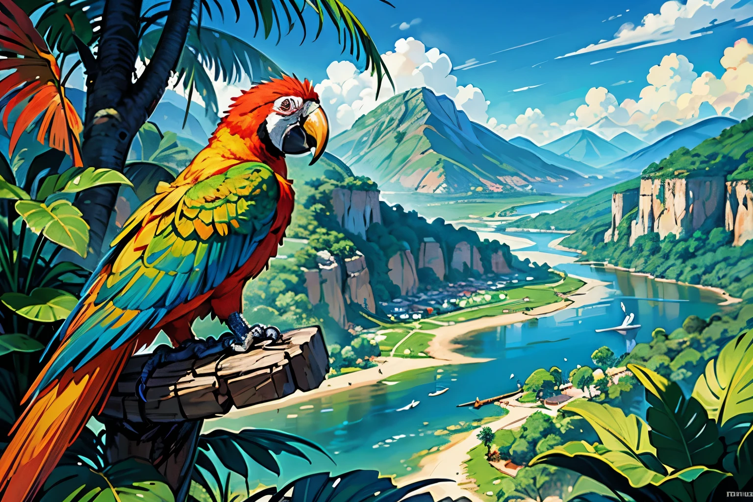 colombian, wild, jungle, anime, wallpaper, plants, mountains, river, half macaw, wings, feathers, parrots, macaws, landscape, jungle,  anime, full calidad, png, 4k, hd, manga, caricature,