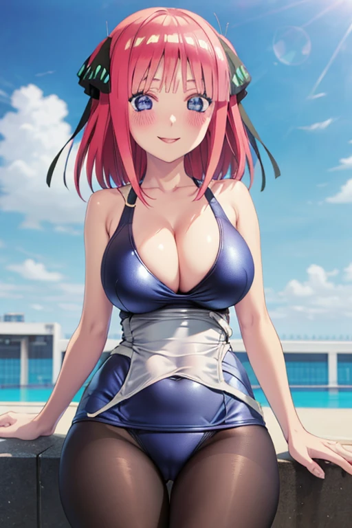 best quality, ultra-detailed masterpiece, anime art style, cute characters, nino nakano, one-piece swimsuit, large breasts, pantyhose, blush, smile