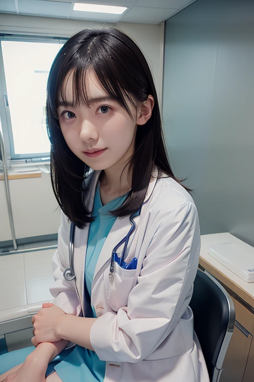 (RAW Photos, highest quality),masterpiece, Natural light, 1 girl, Smooth Hair、wear a lab coat over a scrub, Hospital examination room, Stethoscope,head shot