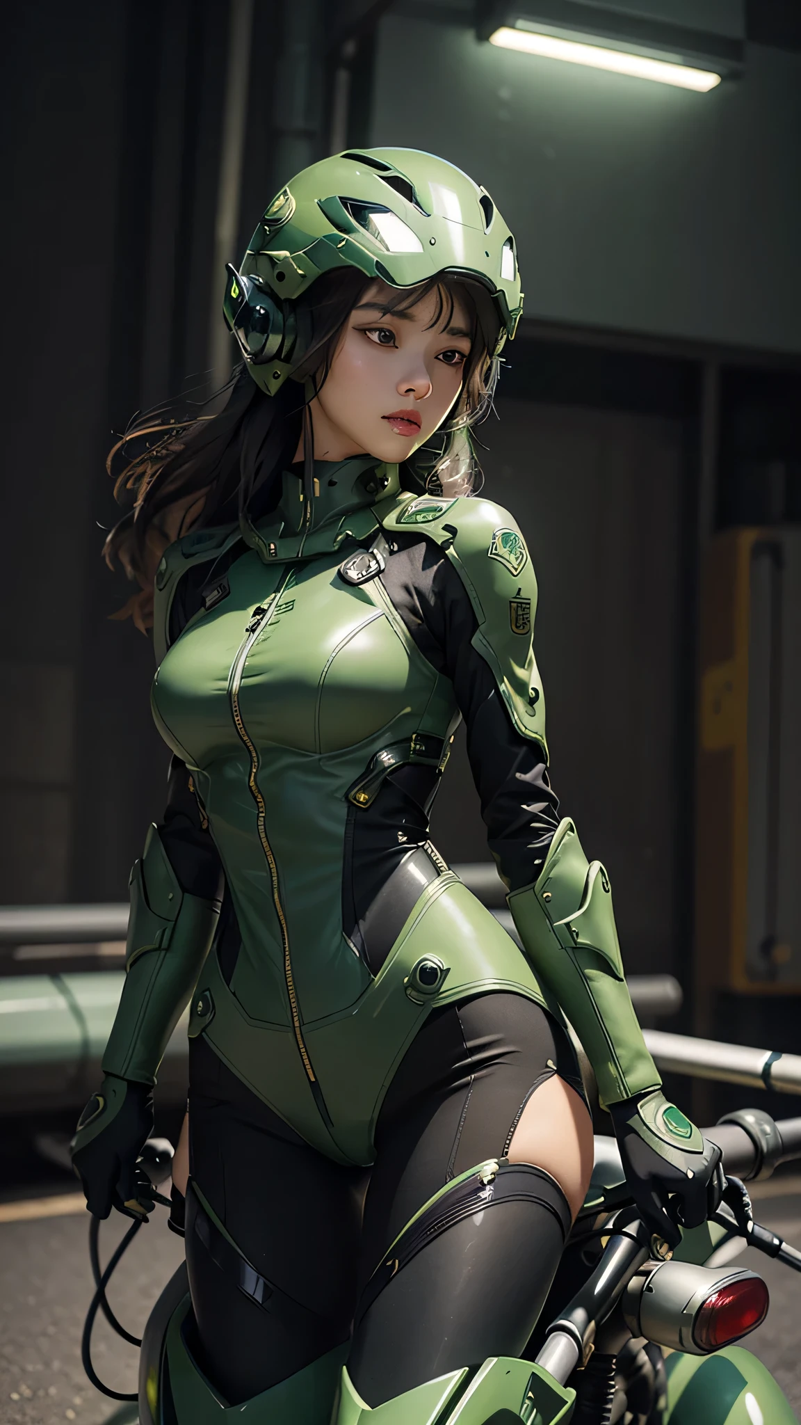 Highest image quality, outstanding details, ultra-high resolution, (realism: 1.4), the best illustration, favor details, highly condensed 1girl, with a delicate and beautiful face, dressed in a black and green mecha, wearing a mecha helmet, holding a directional controller, riding on a motorcycle, the background is a high-tech lighting scene of the future city.