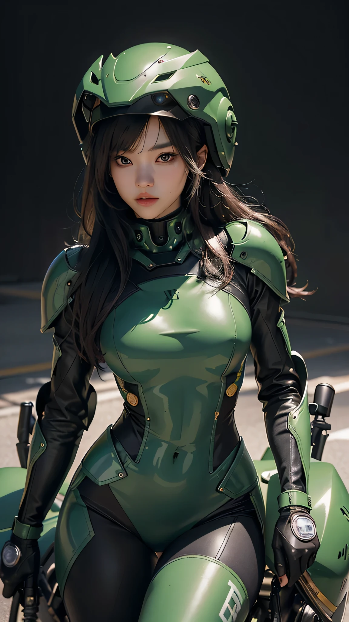 Highest image quality, outstanding details, ultra-high resolution, (realism: 1.4), the best illustration, favor details, highly condensed 1girl, with a delicate and beautiful face, dressed in a black and green mecha, wearing a mecha helmet, holding a directional controller, riding on a motorcycle, the background is a high-tech lighting scene of the future city.