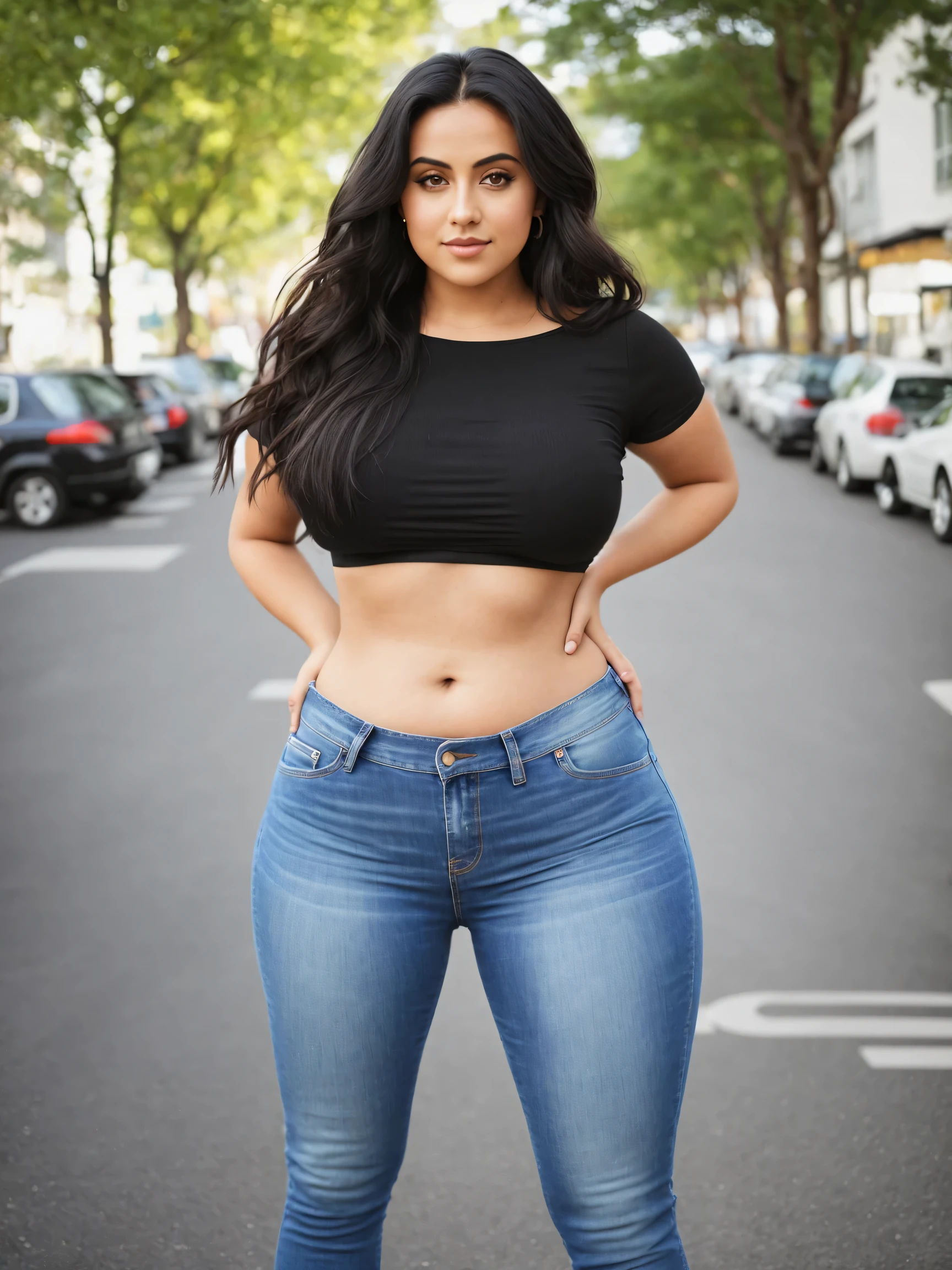 arafed woman in jeans and a black top standing on a street, skinny waist and thick hips, wearing tight simple clothes, perfectly shaded body, perfect body, thicc, attractive body, thin waist, wearing a sexy cropped top, curvy model, thin-waist, gorgeous face and figure, wide hips, curvy body, thick body, good hips and long legs