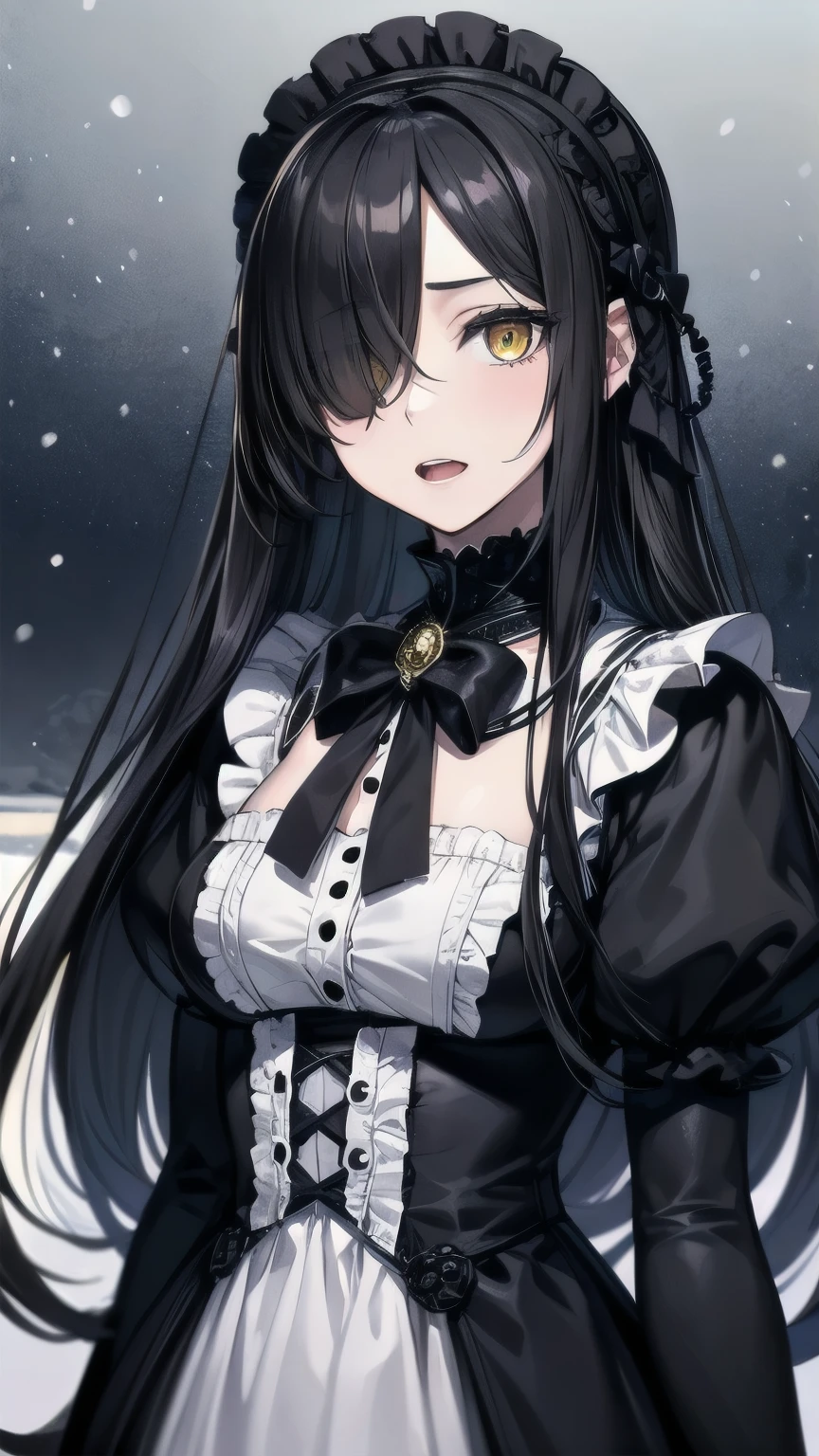 (masterpiece), best quality, expressive eye, perfect face, mature female, medium breasts, long hair, (hair over one eye), very long hair, straight hair, black hair BREAK yellow eye BREAK abstract background, night sky, (snow, ice, crystal), standing, gothic ta, Loliashion, open mouth, emotionless eyes, looking at viewer
