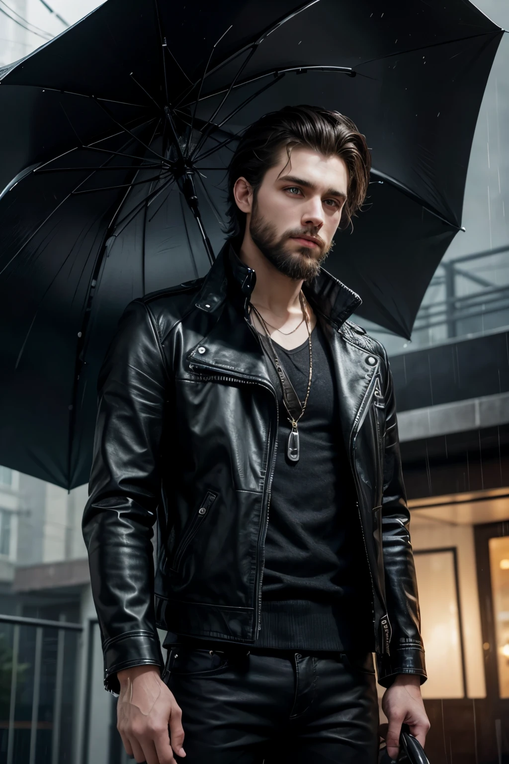 A young man with a beard, wearing a leather jacket, holding a large black umbrella in his hand.against the background of the rain. stylization,composition,hyperdetalization