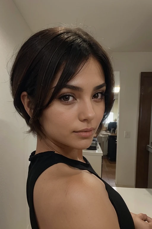 HD quality, maximum detail, macro portrait full body of the beautiful indian woman,beautiful mole on chin, 1 mole, field depth, perfect woman, 25 years, hair covered the breasts, makeup, short bob cut hair, perfect face with one mole on right side of the chin, pretty mouth, pretty nose, sensual woman, totally gorgeous, face with sarcastic expression, caucasian, bedroom hotel background, blond hair, evil look, v-shaped maroon t-shirt, realistic, details, style: Detailed photo