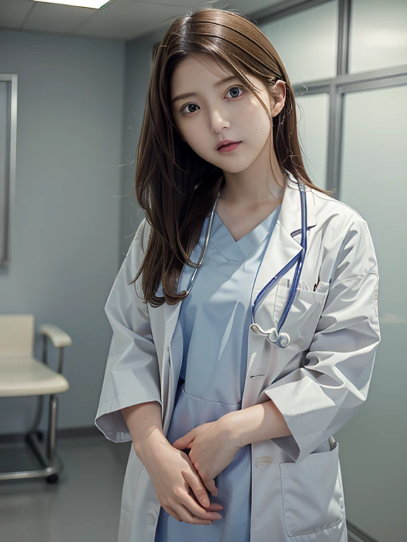 (RAW Photos, highest quality),masterpiece, Natural light, 1 girl, Smooth Hair、wear a lab coat over a scrub, Hospital examination room, Stethoscope,head shot