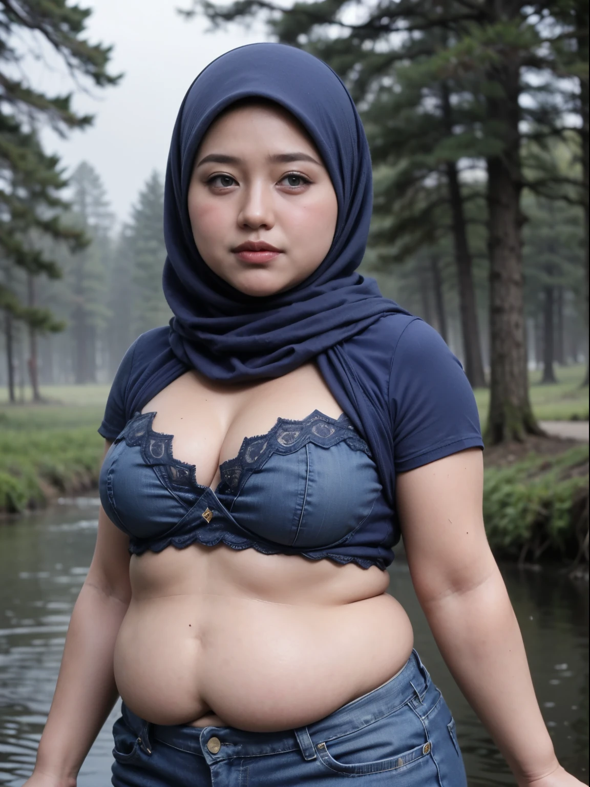 ((Chubby:1.4)), ((HIJAB)), WEARING STRAPLESS PATTERN FLORAL BRA, (Best Quality, hight resolution, Realistic:1.37), Detailed face and expression, The Frightened Woman, pixie cut, sickly, Worn-out appearance, Swamp environment, standingn, Seductively drowning in a swamp, Distressed flared jeans, cloudy water, Sinking Feeling, gloomy atmosphere, Foggy surroundings, dark shadows, A Surreal Touch, soft-lighting, creepy ambiance, can't cope with shame