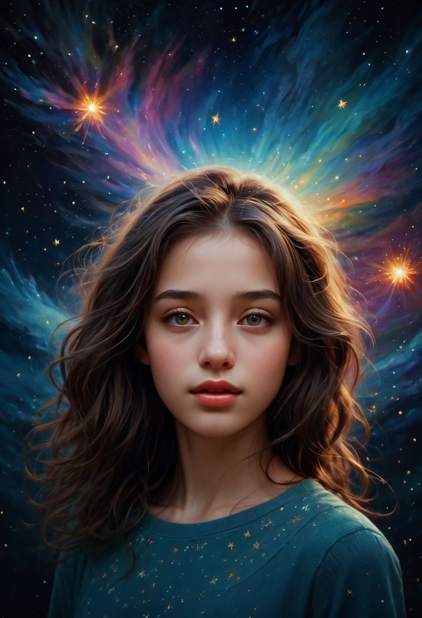 chiaroscuro technique on sensual illustration of an A girl standing under a night sky filled with shooting stars of good fortune. The scene is depicted in the style of an oil painting, with vibrant colors and rich textures. The girl has a dreamy expression and her eyes are beautifully detailed, with long eyelashes. The focus is on the girl's face, which has photorealistic features - detailed eyes, nose, and lips. Her hair flows freely, adding movement to the scene. The overall atmosphere is magical and mysterious, with a touch of whimsy. The background is an abstract portrayal of a female figure, blending seamlessly with the shooting stars. The lighting is ethereal, with a soft glow illuminating the girl and the surrounding stars. The artwork is of the best quality, with high-resolution details and vibrant colors. The medium used is an oil painting technique, creating depth and texture. The overall composition is a masterpiece, capturing the viewer's attention and evoking a sense of wonder.