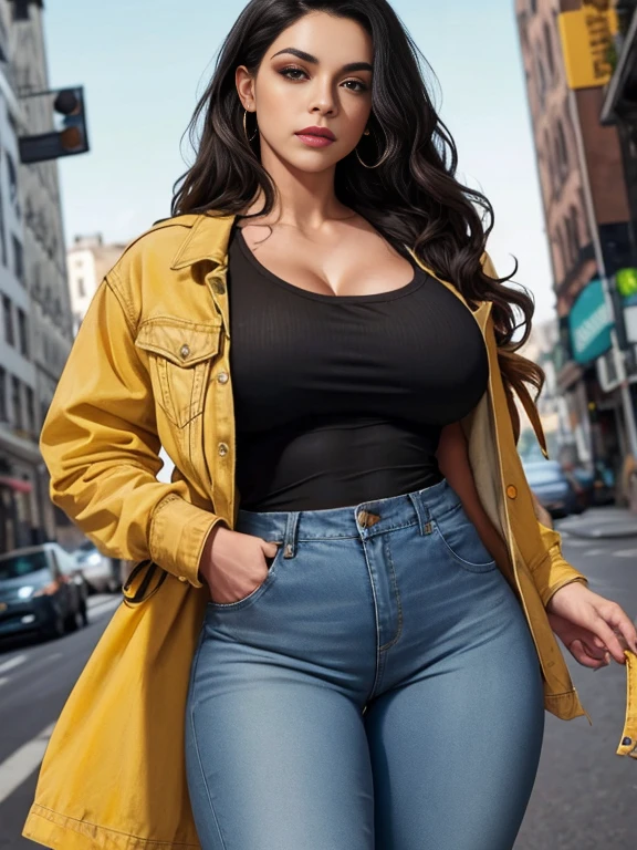 Beautiful latina brunette woman messy wavy black hair muscular body perfect breasts yellow top blue jeans jacket black pants serious face 