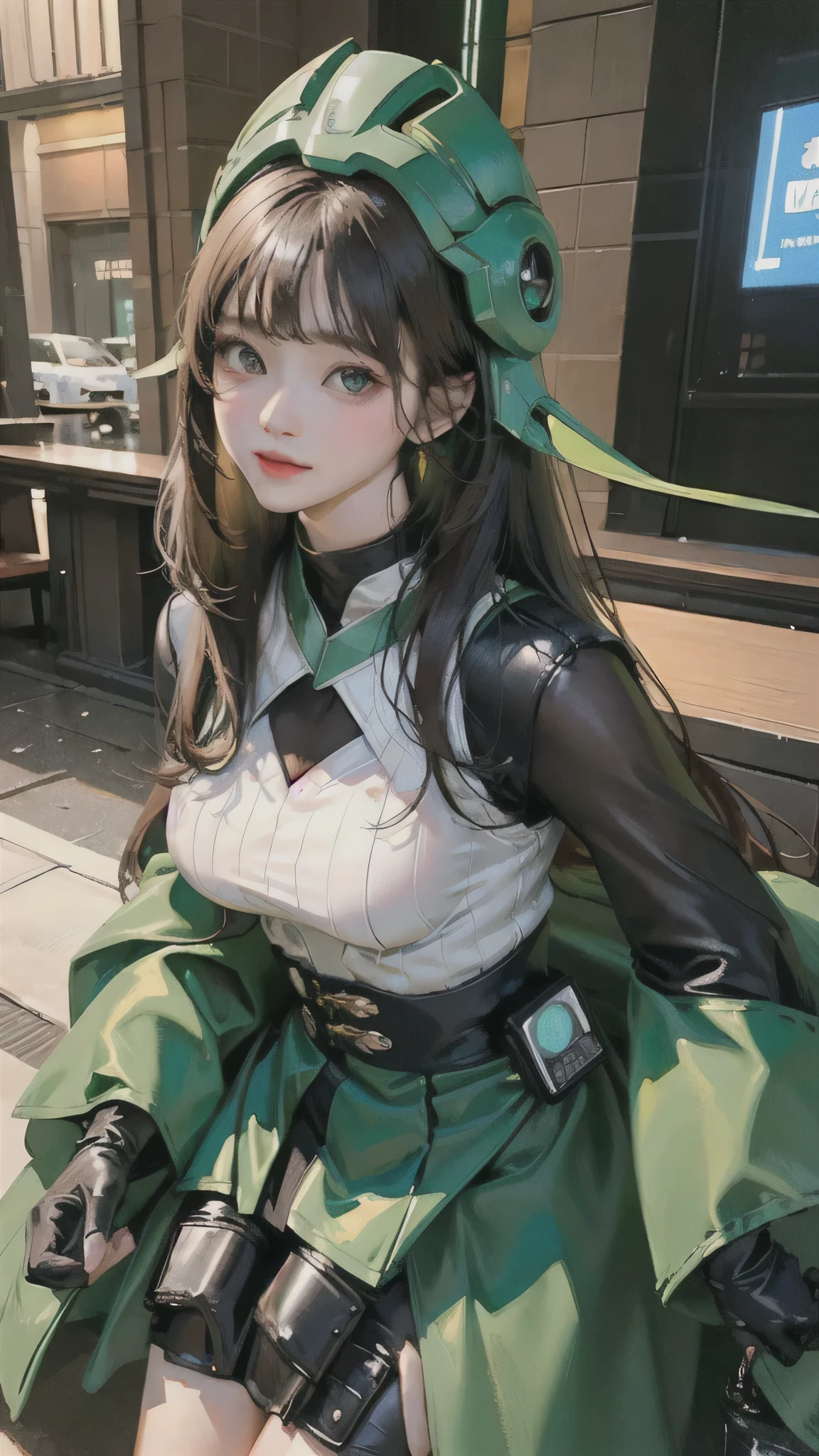 Highest image quality, outstanding details, ultra-high resolution, (realism: 1.4), the best illustration, favor details, highly condensed 1girl, with a delicate and beautiful face, dressed in a black and green mecha, wearing a mecha helmet, holding a directional controller, riding on a motorcycle, the background is a high-tech lighting scene of the future city.