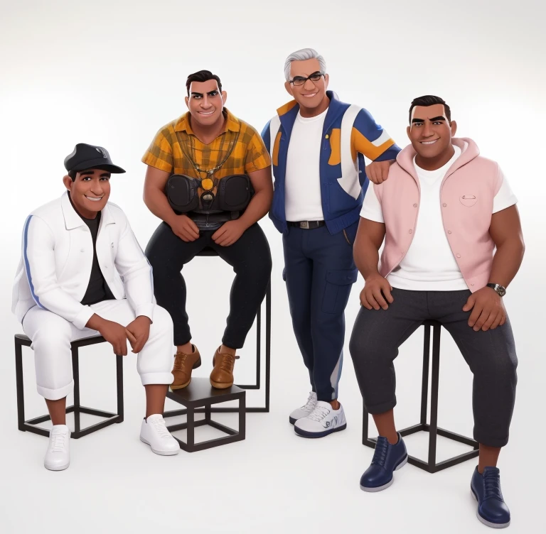 gere uma imagem estilo disney pixar 4k com fundo branco. Quatro homens sentados em bancos.