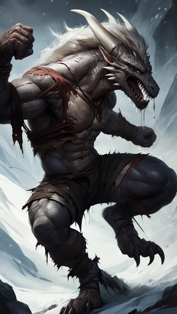 Viking man transforming into dragon, muscular, angry , expressive, torn outfit, masterpiece, best art, insane res, good anatomy, transformation, snowy backfround, by darkgem, abs, pecs, drool, scarred, detailed scales, spiked back, masculine aura, spread legs, digitigrade, tall, [human face:0.3]