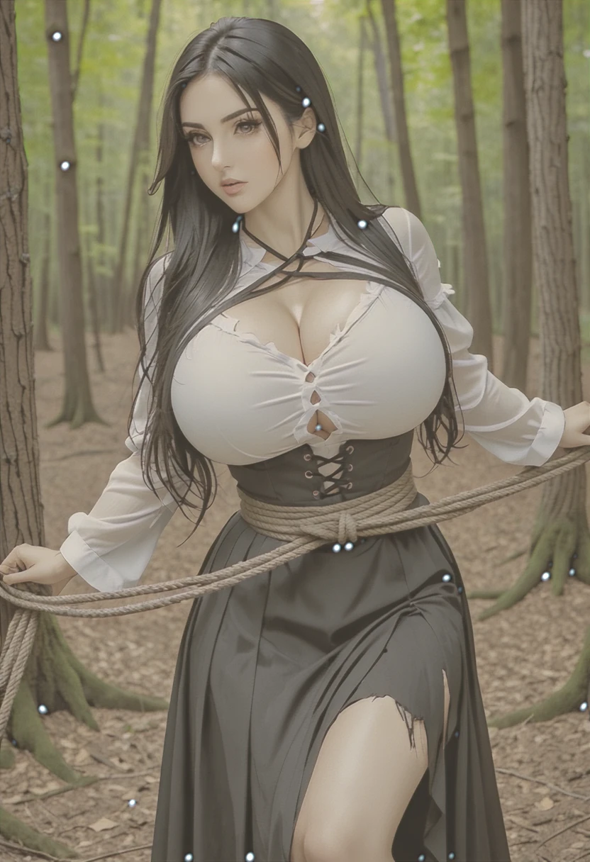 Italian woman 25 years old, truly gigantic breasts, very long black hair, arms tied with ropes to a menir, black skirt, torn blouse containing the breasts, druidic circle forest