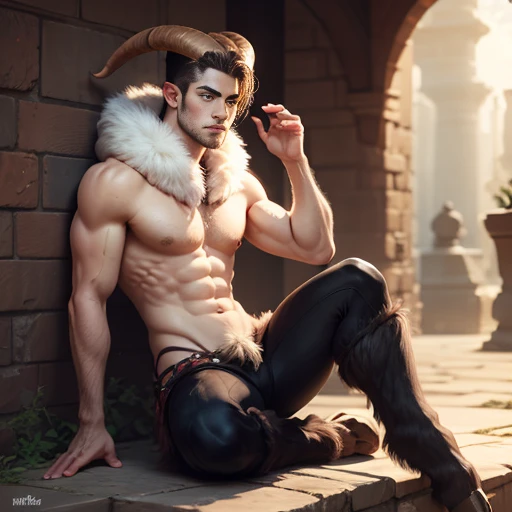 male, bara, fur legs, fur, fur pants, fur arms, goatlike legs, goatlike, satyr, horns