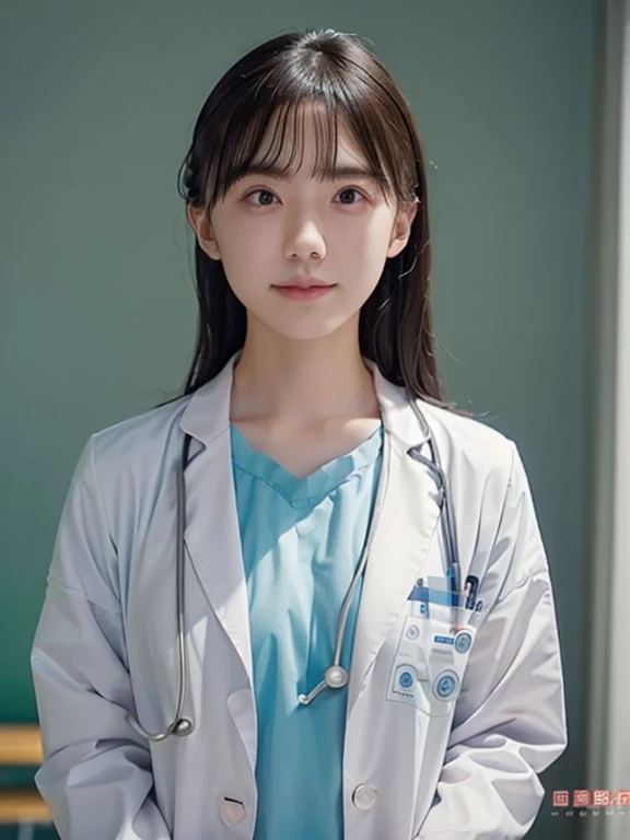 (RAW Photos, highest quality),masterpiece, Natural light, 1 girl, Smooth Hair、wear a lab coat over a scrub, Hospital examination room, Stethoscope,head shot