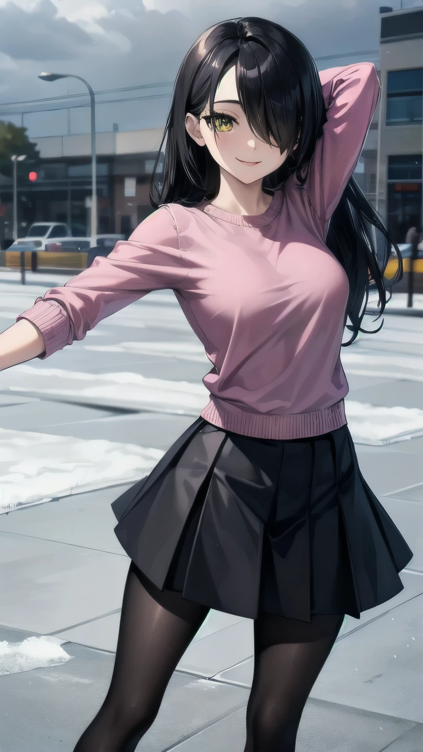 (masterpiece), best quality, expressive eye, perfect face, mature female, medium breasts, long hair, (hair over one eye), very long hair, straight hair, black hair BREAK yellow eye BREAK snow forest, ice, icy floor, cloudy sky, ice skates, standing, skating, toothy smile, purple sweater BREAK black pantyhose BREAK black skirt BREAK Retro artstyle, closed mouth, looking at viewer, smile, dancing on ice