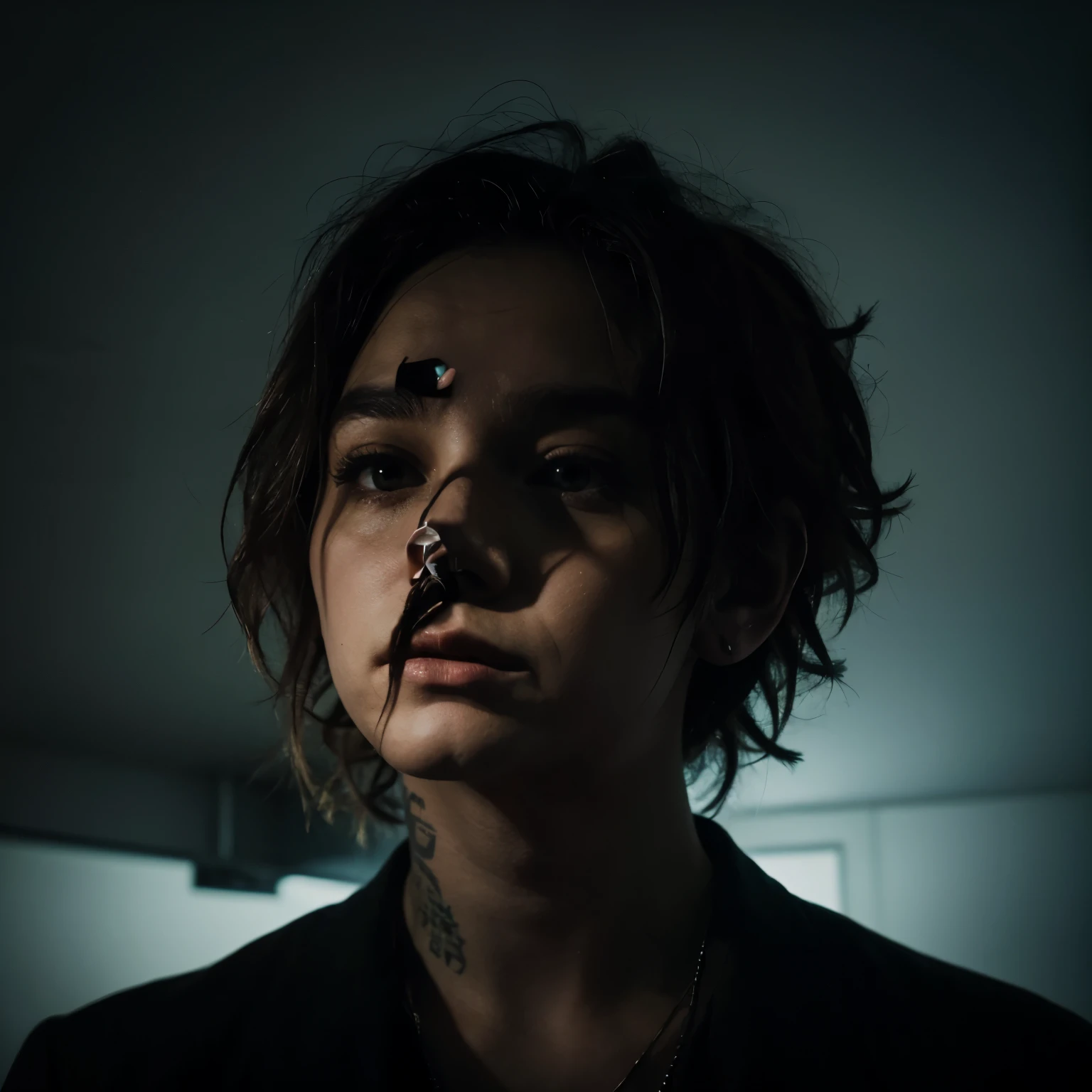 Create an album cover for an EP. The EP is called “TDS”. The artist’s name is “J!B”. In the background there should be illustrations of topics such as suicide and drugs. The atmosphere should be dark.