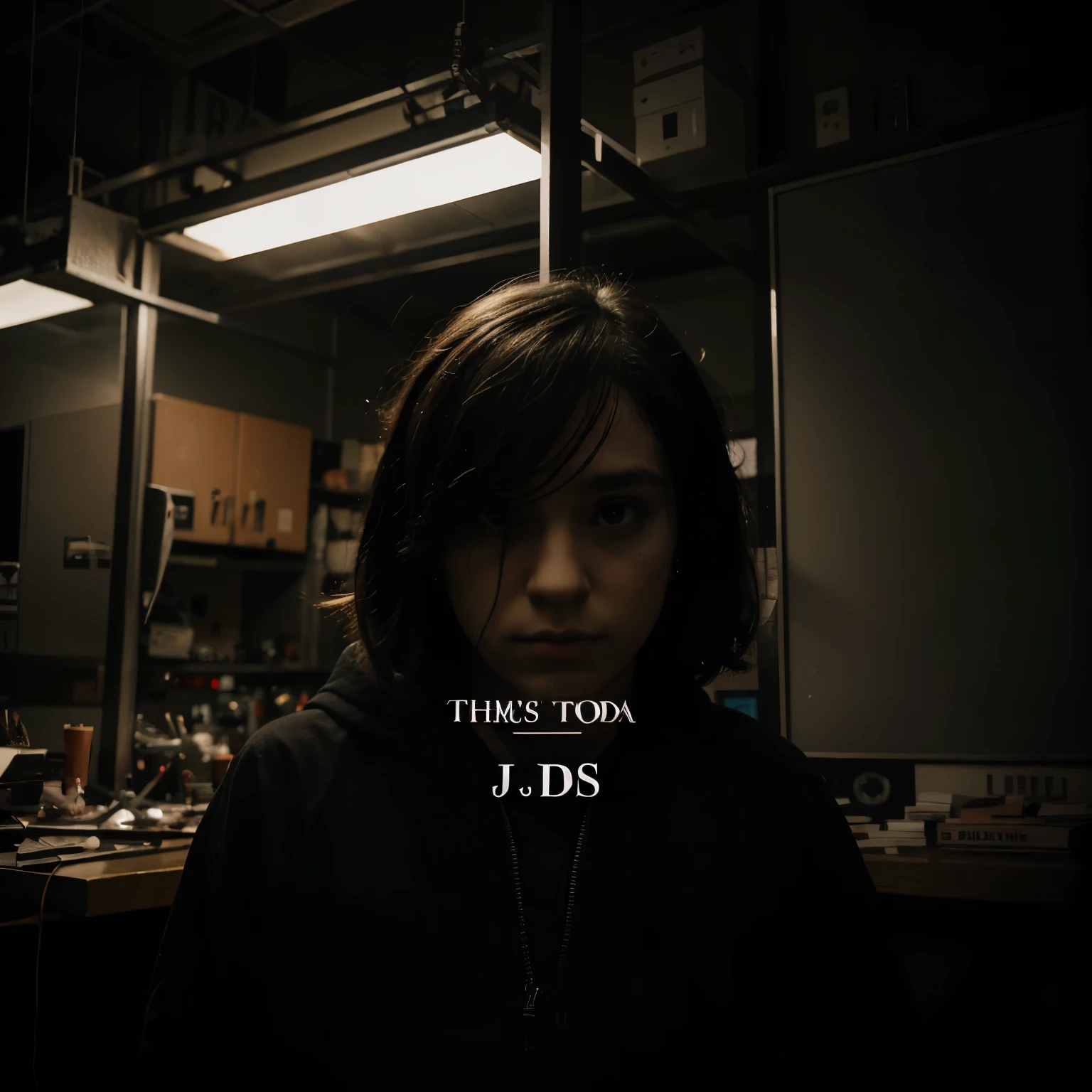 Create an album cover for an EP. The EP is called “TDS”. The artist’s name is “J!B”. In the background there should be illustrations of topics such as suicide and drugs. The atmosphere should be dark.