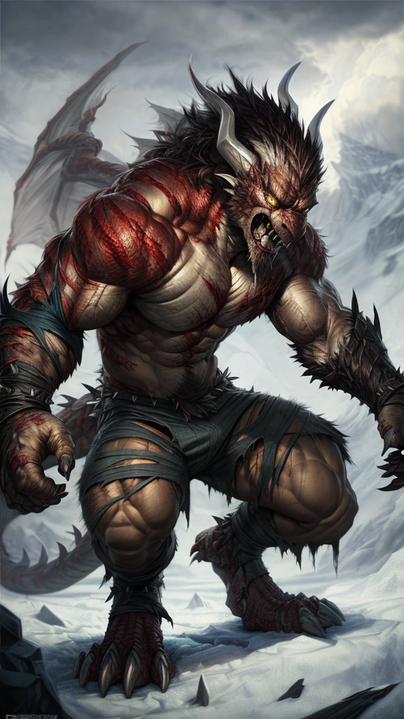 Viking man transforming into dragon, muscular, angry , expressive, torn outfit, masterpiece, best art, insane res, good anatomy, transformation, snowy backfround, by darkgem, abs, pecs, drool, scarred, detailed scales, spiked back, masculine aura, spread legs, digitigrade, tall, [human face:0.3]