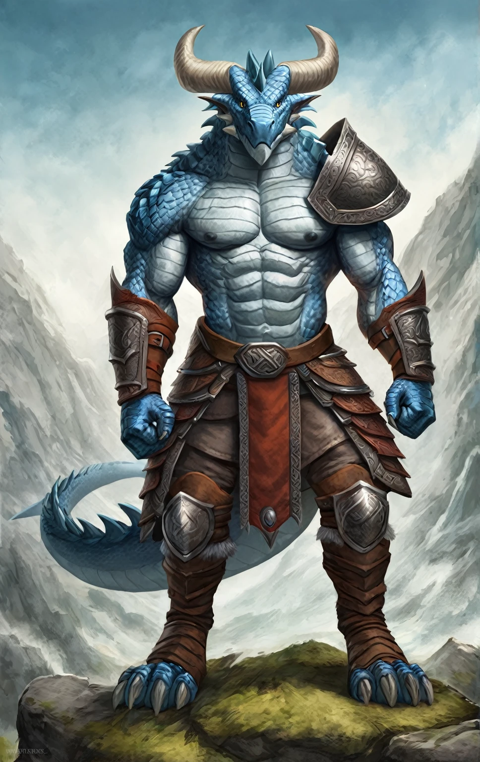 Dragon warrior,comic book style, illustration, solo, abs, viking, light blue detailed scales, majestic horns, rough scales, plated scales, ferocious, male, [[proud pose]], nipples, masterpiece, best art, armor, full body, boots, digitigrade