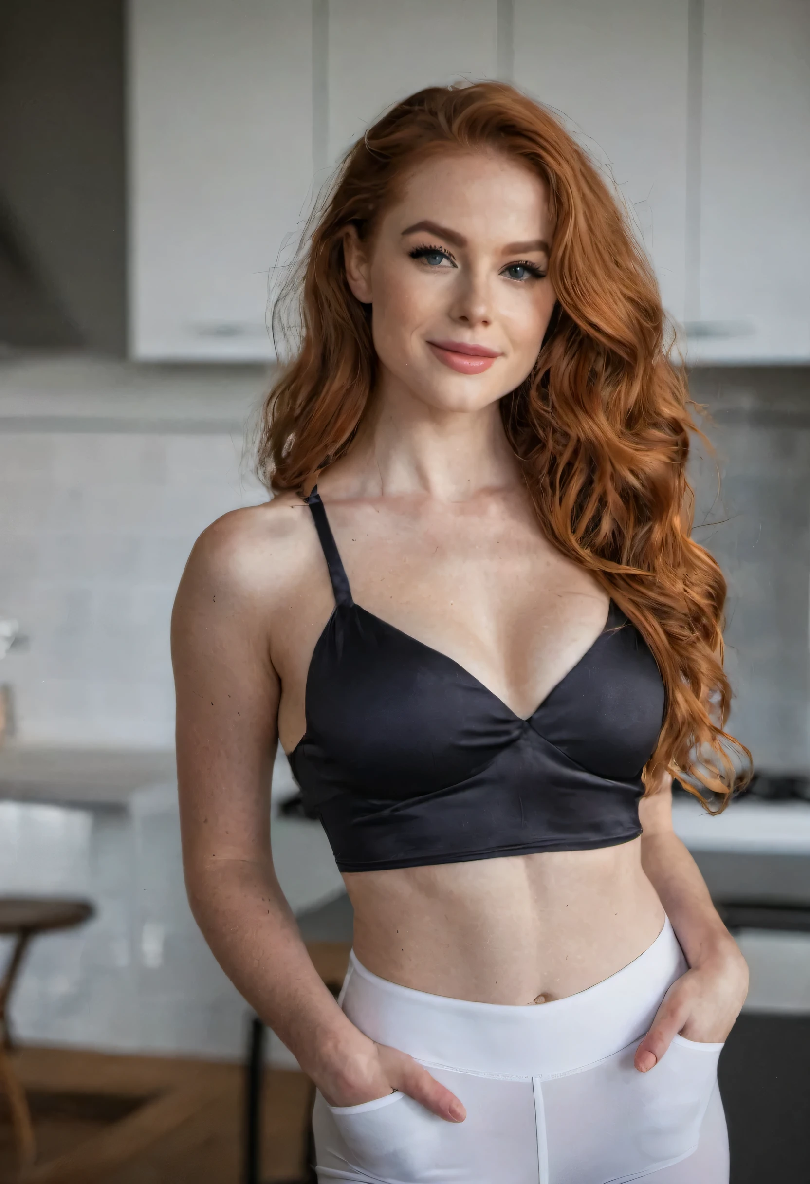 Masterpiece, high quality, full detailed, !(beautiful girl smiling), !(She has long, 16k, HDR, RTX, photorealistic, 1 beautiful redhead woman with small freckles on her cheeks, cute, lips, red lipstick, long hair, looking at viewer, makeup, nose, realistic, (completely body), redhead woman with freckles, raw photo,studio_shot,uhd, dslr, soft lighting, high quality, film grain, cute, lips, long hair, looking at viewer, makeup, nose, realistic, (complete body), raw photo, studio_shot, soft lighting, high quality, film grain. 20 Jahre alt, sexy,charming woman with a touch of elegance,Best Quality, Masterpiece, High Resolution, 8K, (Realistic: 1.4), Ultra High Resolution, 1 Girl, Ultra Detailed, Surreal, Highly Detailed CG Illustration, Official Art, Cinematic Light, Reality, Young Beautiful Girl, Perfect Figure, Perfect Figure, Full View, Perfect Body, (Starting below: 1.3), Mask, Pose, Sexy Long Legs, Confident, Beautiful Sexy, Grey Short Sleeves, Open Abdomen, Black Super Shorts, S-shaped Body, Upturned Hips, Assuming, Posing, Different Perspectives