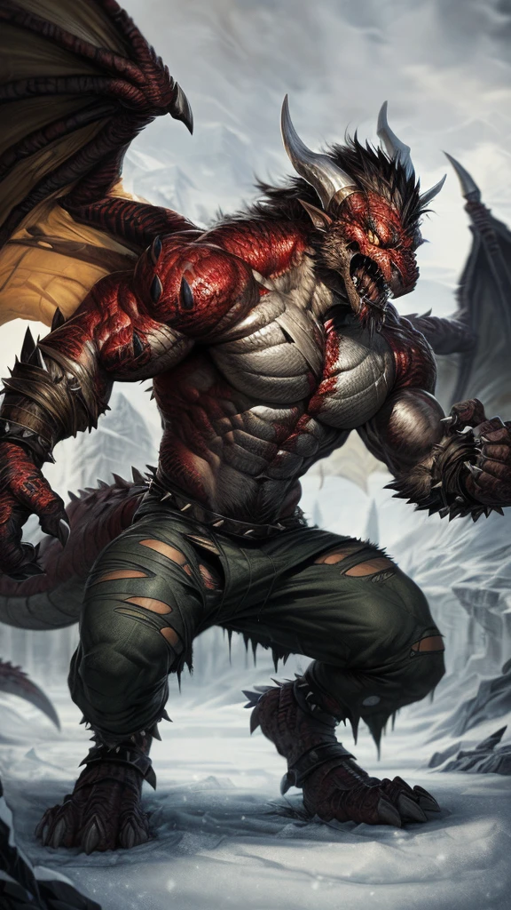 Dragon, comic book style, illustration, solo, abs, ferocious, male, [[badass pose]], nipples, masterpiece, best art, full body, torn jeans, detailed eyes, detailed body, claws, detailed tail, masculine body shape, fantasy, tall, topless, muscular, darkness, unbuttoned pants, bulge