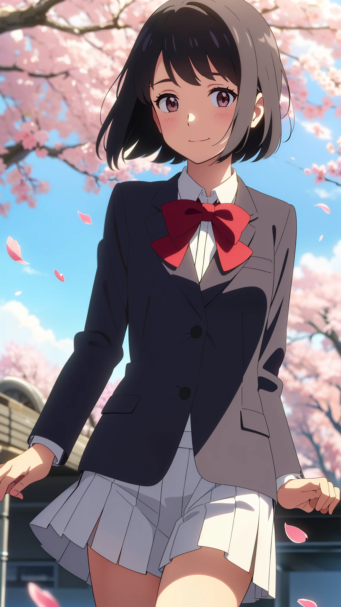 shinkai makoto, kimi no na wa., 1girl, bangs, black hair, blush, brown eyes, shiny skin, red headband, red bow, red ribbon, collared shirt, white shirt, black blazer, white skirt, short hair, smile, cute, solo, happy, beautiful, looking at the viewer, long sleeves, cherry_blossoms, falling_petals, petals, branch, pink_flower, blue_sky, sunlight, spring_season, wind, tree