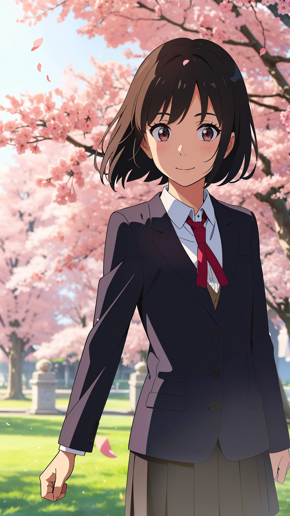 shinkai makoto, kimi no na wa., 1girl, bangs, black hair, blush, brown eyes, shiny skin, red headband, red bow, red ribbon, collared shirt, white shirt, black blazer, white skirt, short hair, smile, cute, solo, happy, beautiful, looking at the viewer, long sleeves, upper-body, cherry_blossoms, falling_petals, petals, branch, pink_flower, blue_sky, sunlight, spring_season, wind, tree