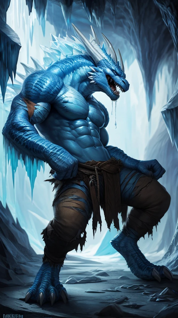 Human Viking man transforming into ice dragon, muscular, angry , expressive, torn outfit, masterpiece, best art, insane res, good anatomy, transformation, icy  cave background, by darkgem, abs, pecs, drool, scarred, detailed scales, spiked back, masculine aura, spread legs, digitigrade, tall, [human face:0.3]
