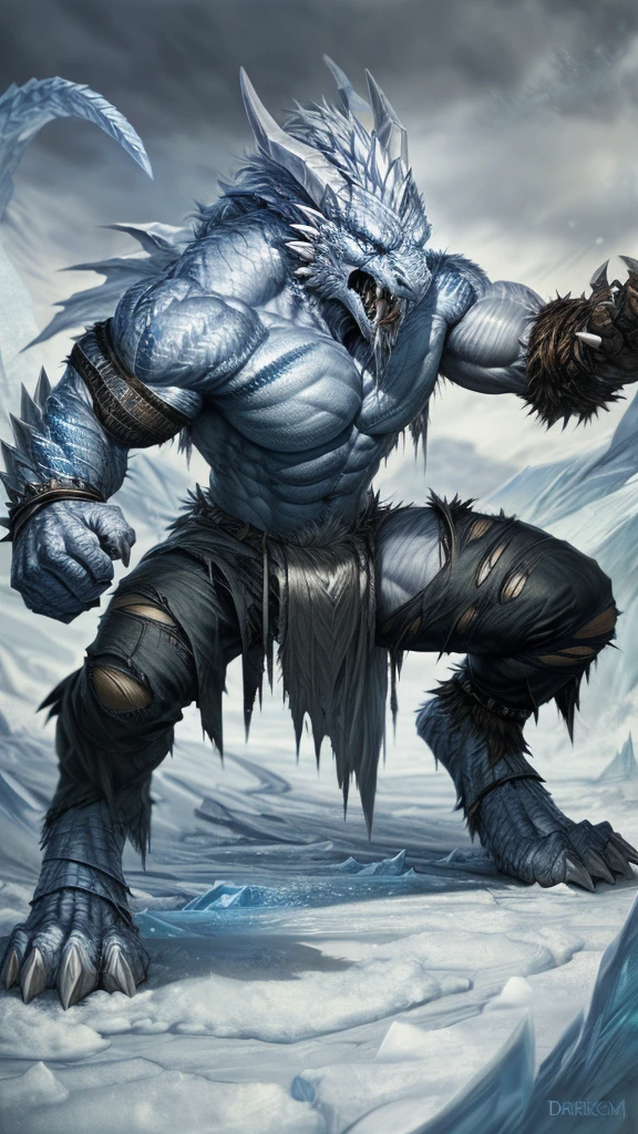 Viking man transforming into ice dragon, muscular, angry , expressive, torn outfit, masterpiece, best art, insane res, good anatomy, transformation, snowy backfround, by darkgem, abs, pecs, drool, detailed scales, spiked back, masculine aura, spread legs, digitigrade, tall, [human face:0.3]