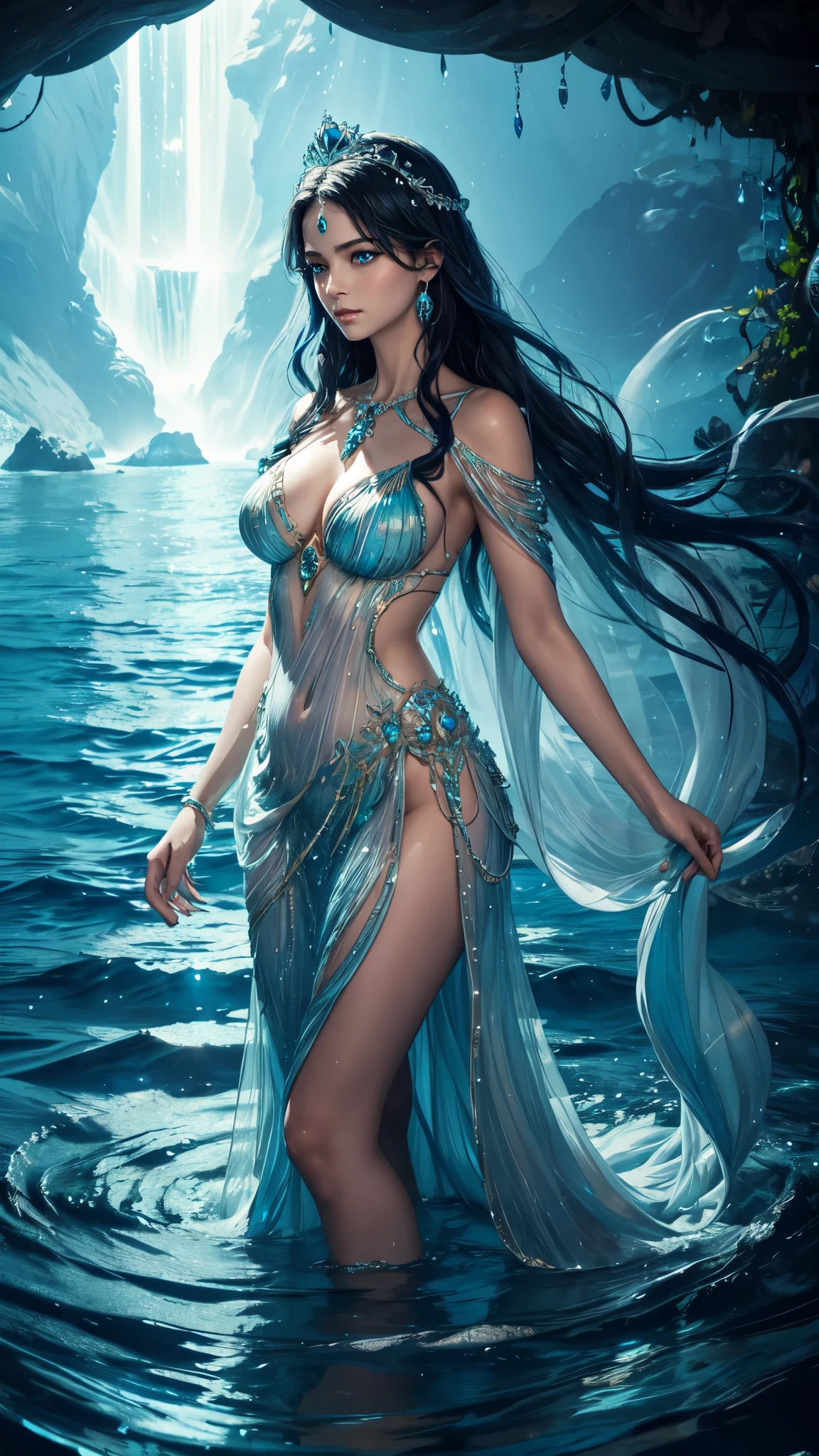 "(masterpiece: 1.2), 8K UHD resolution, Water Goddess, standing ethereal amidst a vast shimmering ocean. Her silhouette merges with cascading waterfalls and fluid streams. Wearing a detailed crown adorned with pearls, and a gown as translucent as liquid silk embellished with sea jewels and corals. In her hand, she holds a trident, a symbol of her dominion over the seas. Her intense, glowing blue eyes capture the essence of the ocean, radiating an inner luminescence that beckons the mysteries of the deep.", detailed face, detailed hands, detailed eyes, half naked