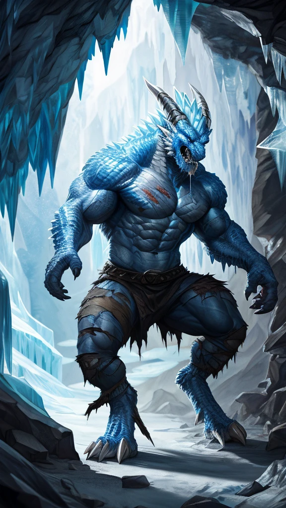 Human Viking man transforming into ice dragon, muscular, angry , expressive, torn outfit, masterpiece, best art, insane res, good anatomy, transformation, icy  cave background, by darkgem, abs, pecs, drool, scarred, detailed scales, spiked back, masculine aura, spread legs, digitigrade, tall, [human face:0.3], human skin