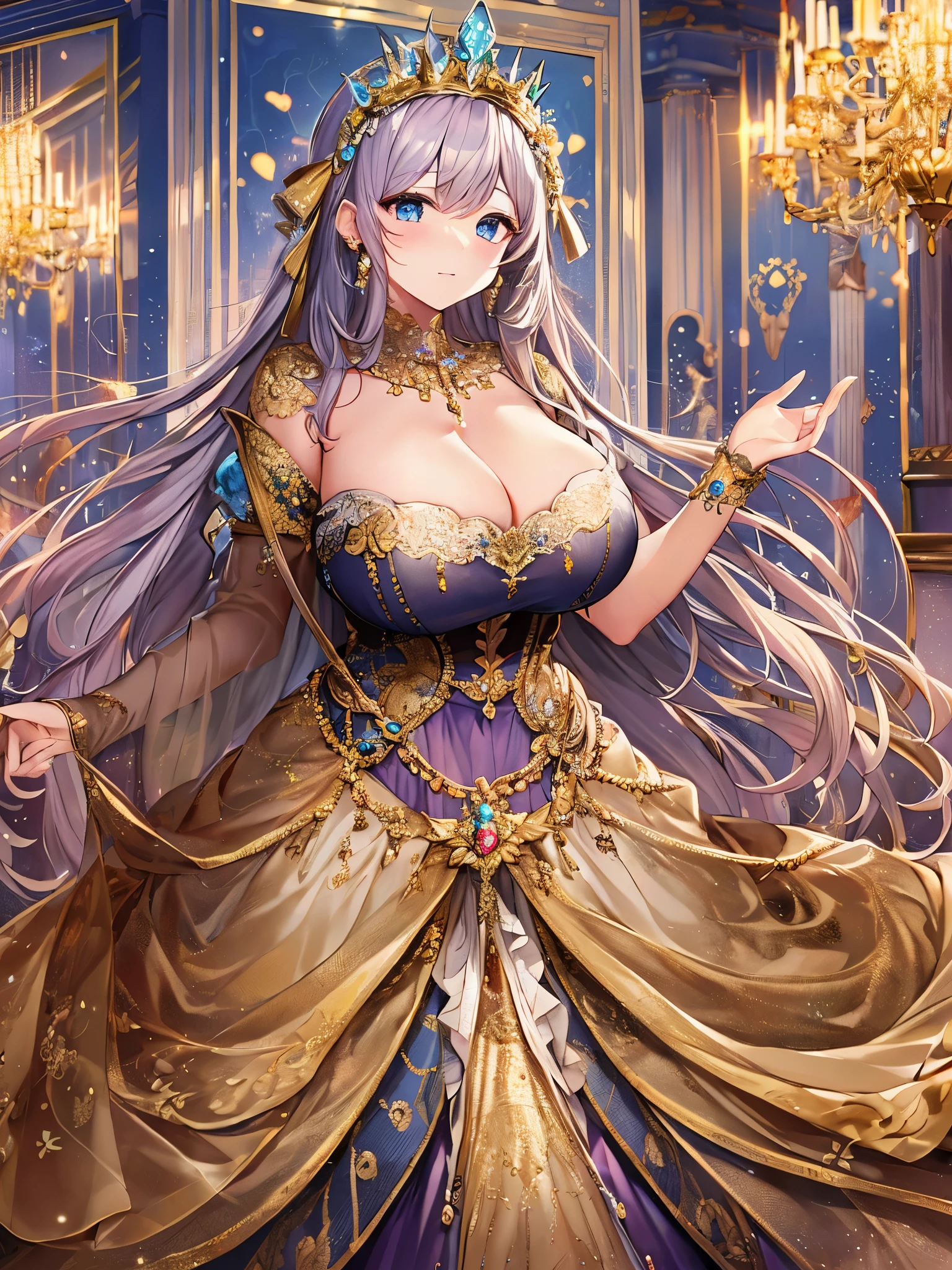 ((anime artstyle)),(Masterpiece),(Best Quality), (Super Detail),(((Very Delicate and Beautiful))),Solo,full body,((full body portrait)),((1 bling-bling princess in beautiful embroidery and jeweled gorgeous rococo ballgown with voluminous full length hoop skirt)),((((absurdly gigantic tits)))),(((cleavage,curvy))),Skindentation,detailed face and eyes,jewel-like eyes,((in the royal palace)),((crinoline,long train)),gorgeous princess rococo ballgown with voluminous full length hoop skirt and long train,(((bling-bling gorgeous rococo ballgown with beautiful embroidery and jeweled))),((large amount of straight hair, absurdly long hair,Very Long Straight Hair)),extremely gorgeousfull hair ornament,(bling-bling extremely gorgeous jeweled tiara),luxurious jewelry,full body,((beautiful embroidery and jeweled gorgeous rococo ballgown with voluminous full length hoop skirt))