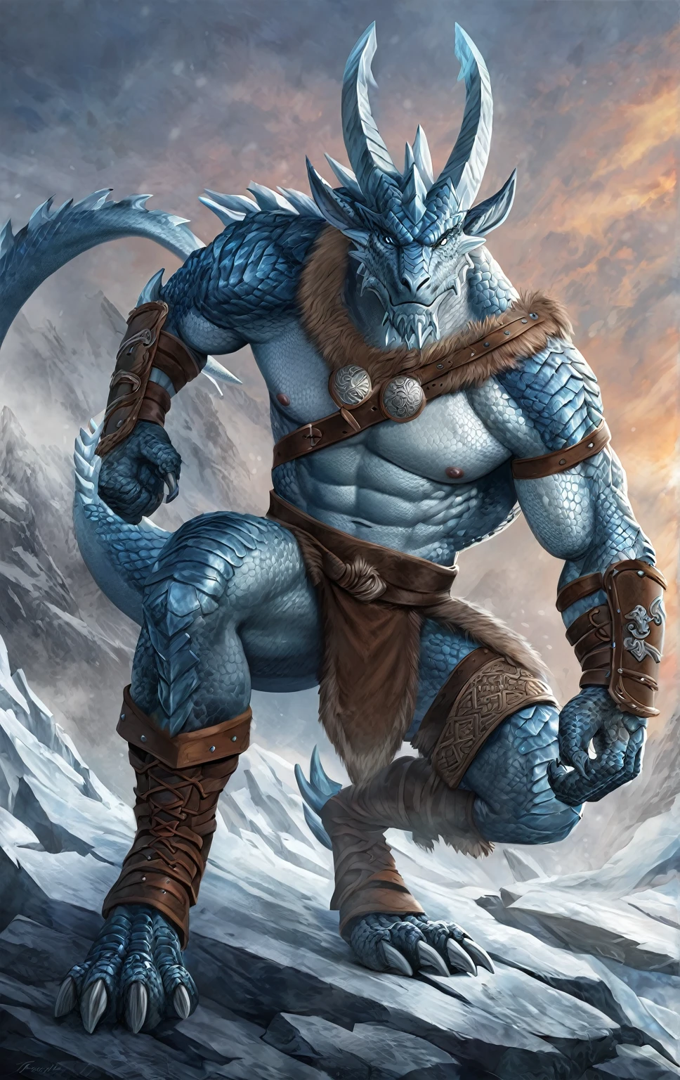 Ice Dragon warrior,comic book style, illustration, solo, abs, viking, light blue detailed scales, majestic horns, rough scales, plated scales, ferocious, male, [[badass pose]], nipples, masterpiece, best art, armor, full body, boots, digitigrade, 