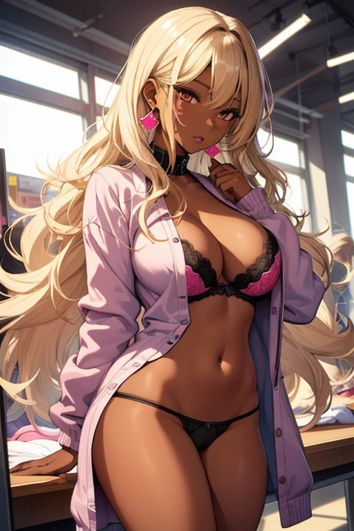 (masterpiece, best quality), 1girl, Miss, Tall, Fit, Square Face, Dark Skin, blonde Hair, pink Eyes, Straight Nose, full Lips, Receding Chin, Long Hair, Wavy Hair, gyaru hair, highlights in hair, large breasts, earrings, lipstick, gyaru, undressing panties, undressing bra, nice hips, indoors, (vibrant colors), public indecency, (undressing underwear), being watched,
