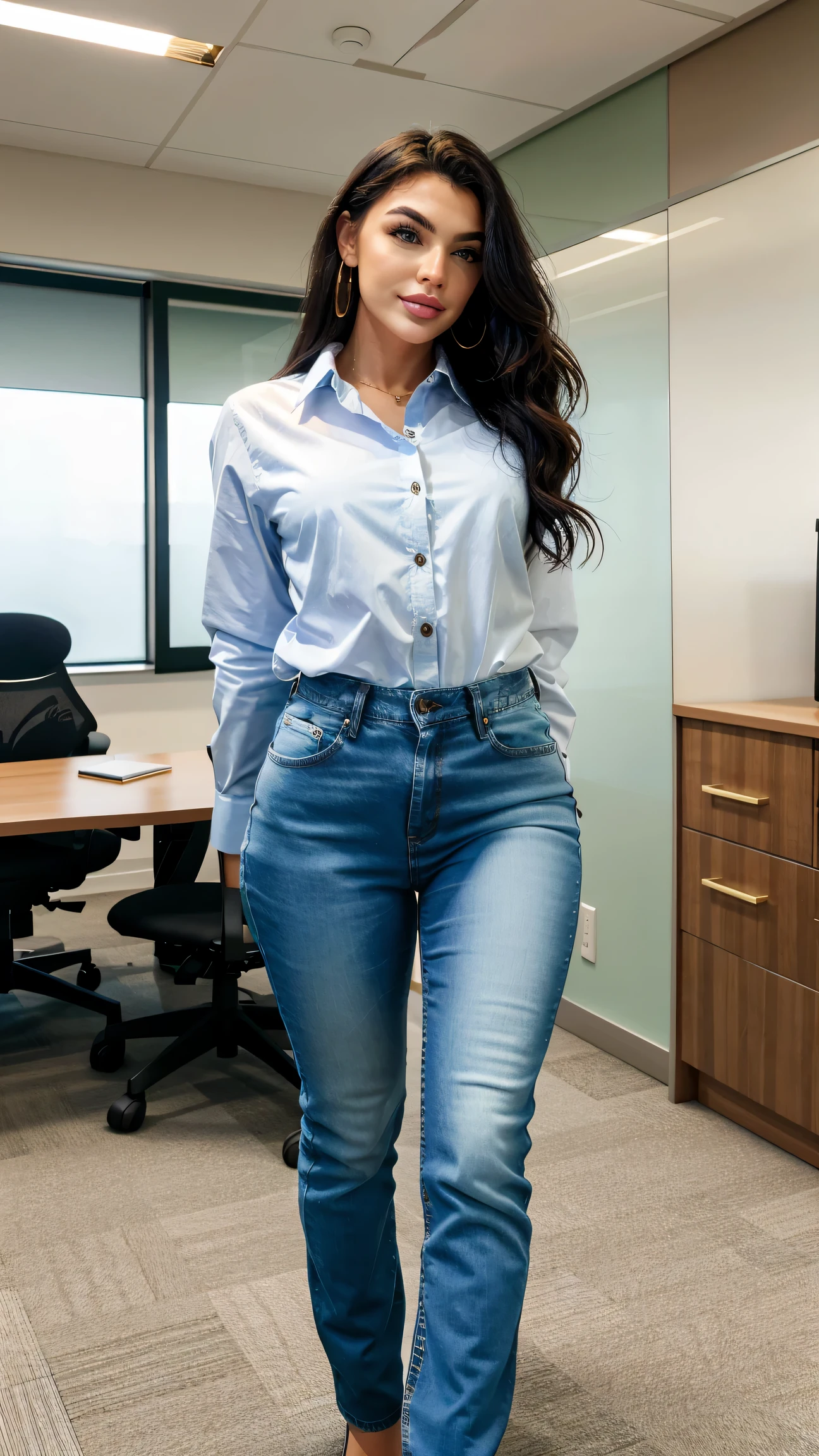 emjay, a woman wearing shirt and jeans in office 