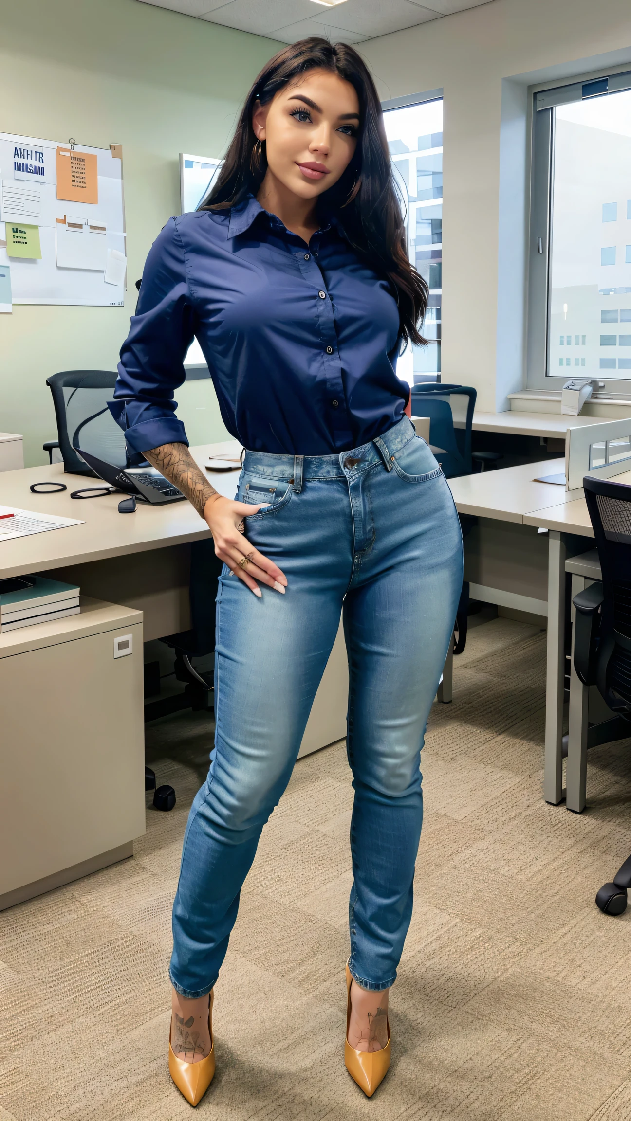 woman, Brazilian, 35 years old, straight black hair, captivating but modest smile. The dress set of yellow dress shirt, light blue women's suit and high-waisted jeans shows an elegant woman.
His right hand is on his waist and his left hand, resting on his side, shows his nails painted with white nail polish. The dark gray background of the photo highlights your profile
High-quality, hyper-realistic image, 8K Ultra HD