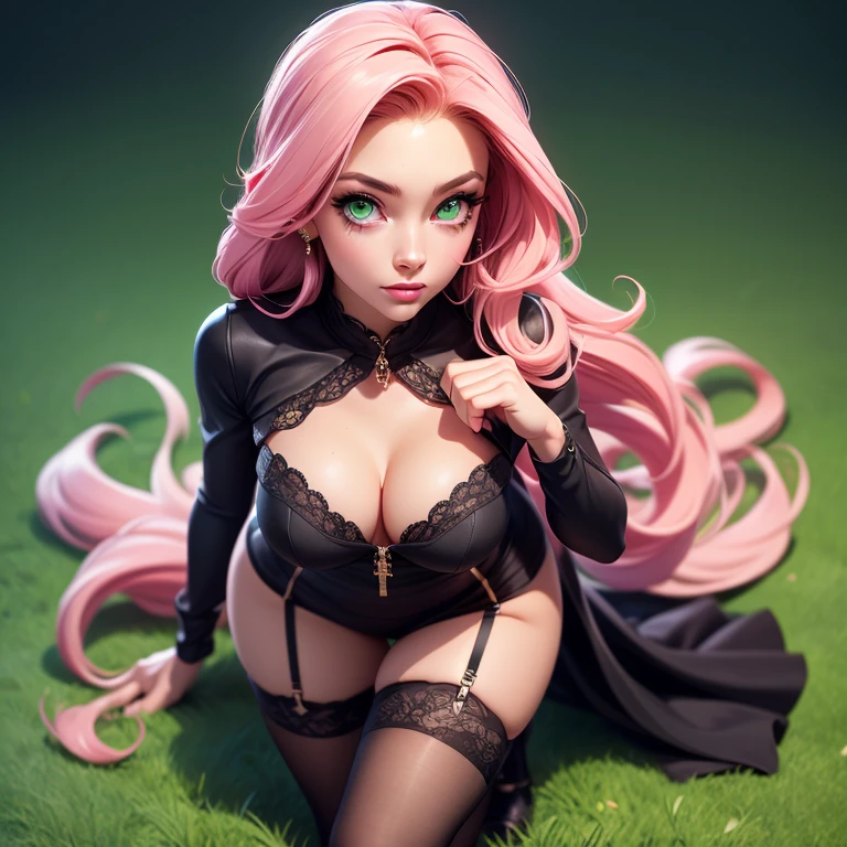 detailing, incredible detail, Detailing clothes, Lip detailing, detailing of panties, 1 girl, beauty, pink flowing hair, Beautiful green eyes, black dress, stockings with garters, stands on all fours, looks at the camera, seductive look, view from above