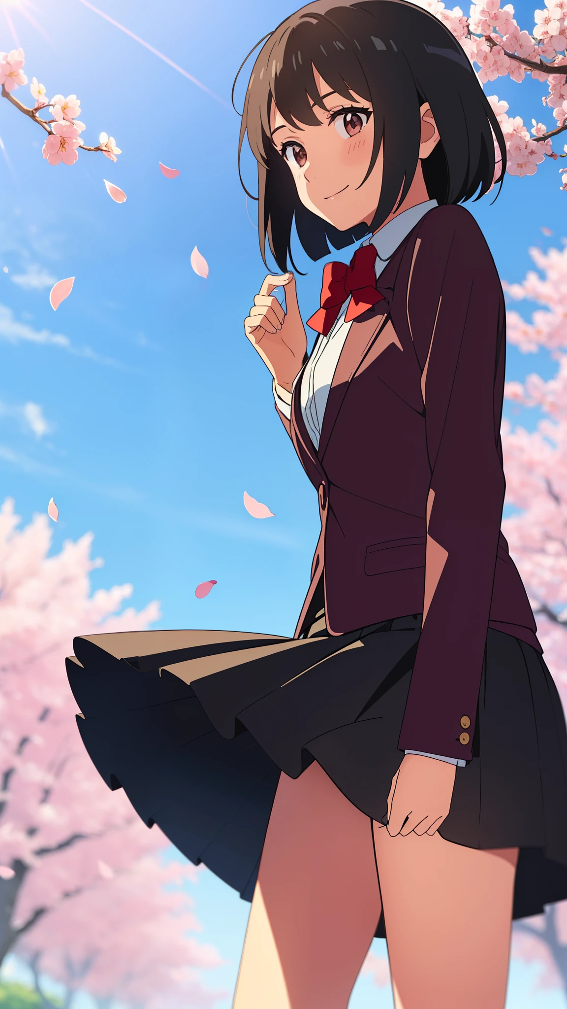 shinkai makoto, kimi no na wa., 1girl, bangs, black hair, blush, brown eyes, shiny skin, red headband, red bow, red ribbon, collared shirt, white shirt, black blazer, white skirt, short hair, smile, cute, solo, happy, beautiful, looking at the viewer, long sleeves, cherry_blossoms, falling_petals, petals, branch, pink_flower, blue_sky, sunlight, spring_season, wind, tree